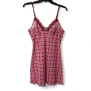 Pink & Red heart print mesh slip dress with adjustable straps and a V-neckline.